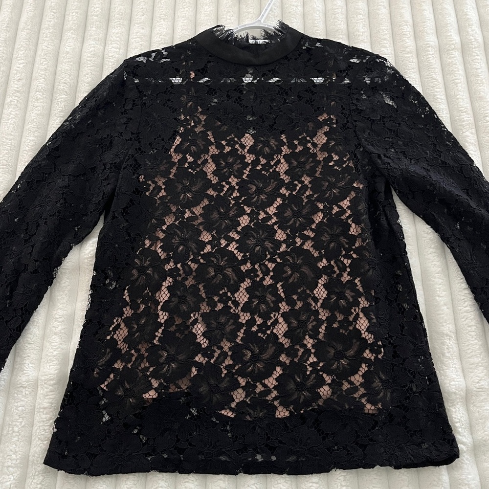 Revolve WAYF Berklin Lace Black Fitted Long Sleeve Blouse Top with Nude Tank Top - Picture 5 of 14